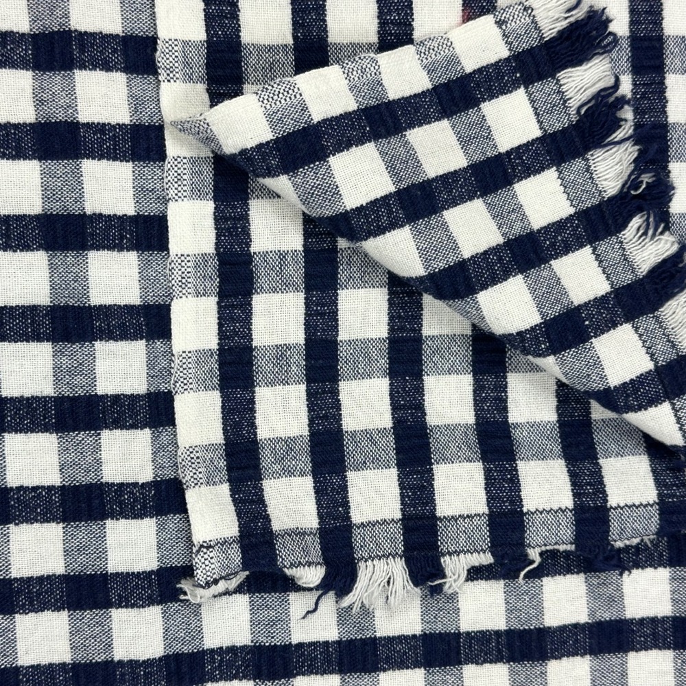 Vtg Navy White Gingham Check Handwoven Cotton Fringed Textile 60x66